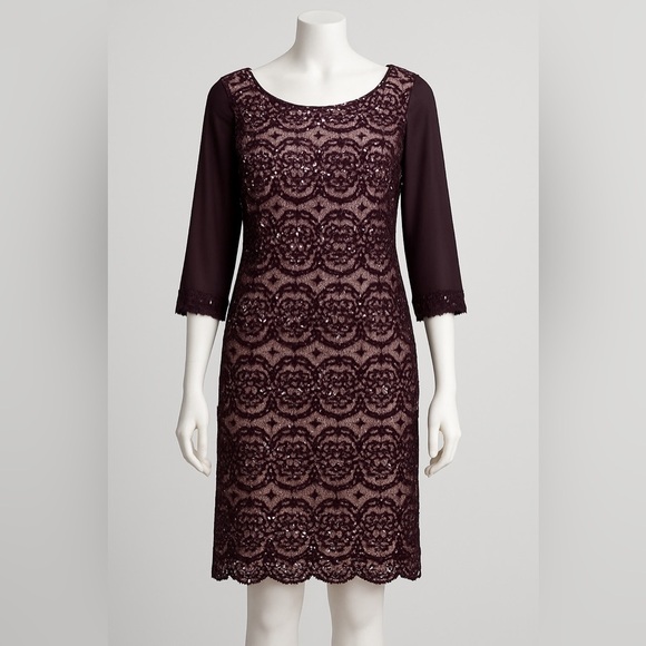 R&M Richards Plum Formal Lace Sequin Floral Sheath Dress 14W Mother of Bride - Picture 1 of 13